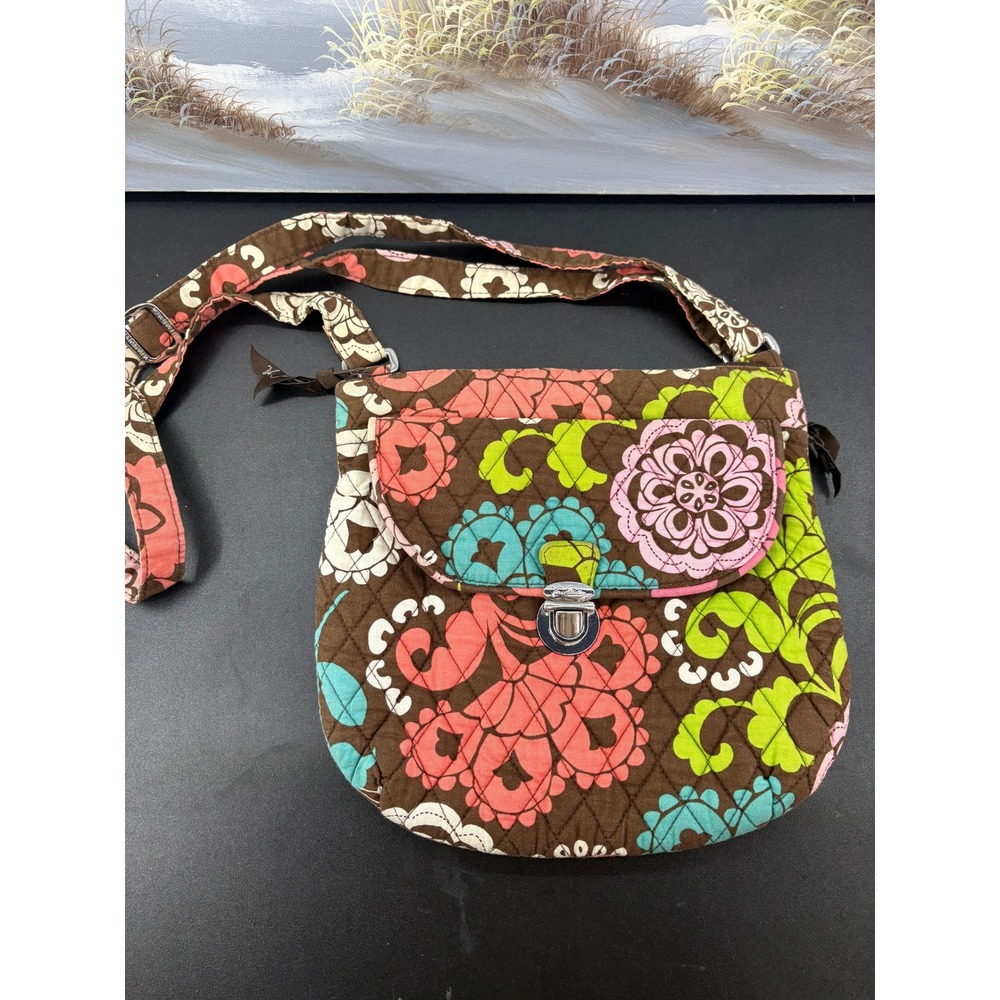 Vera Bradley Mocha Rouge Floral Quilted Crossbody Bag Brown Pink Green